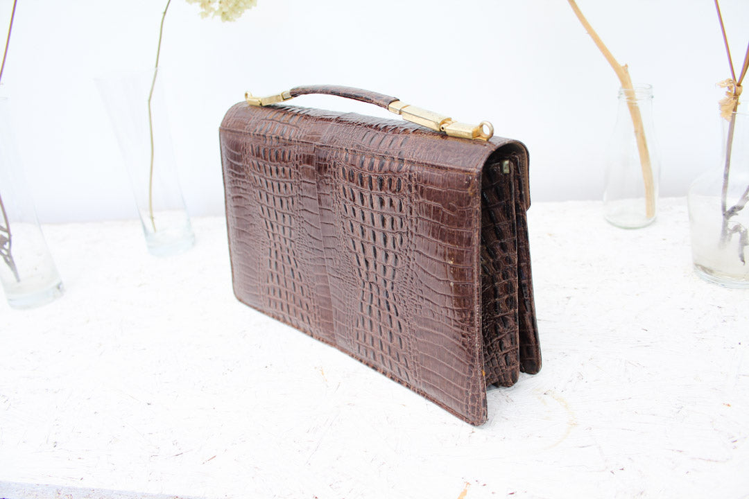 Bruine vintage krokodillenleren handtas & portemonnee Lolise