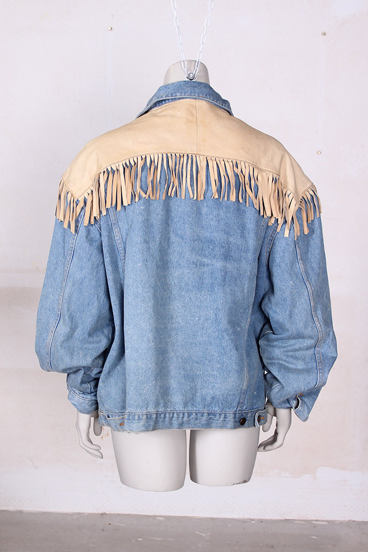 Vintage eighties cowboy spijkerjas XL met leren franjes