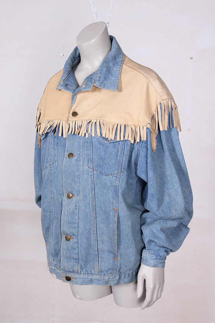 Vintage eighties cowboy spijkerjas XL met leren franjes
