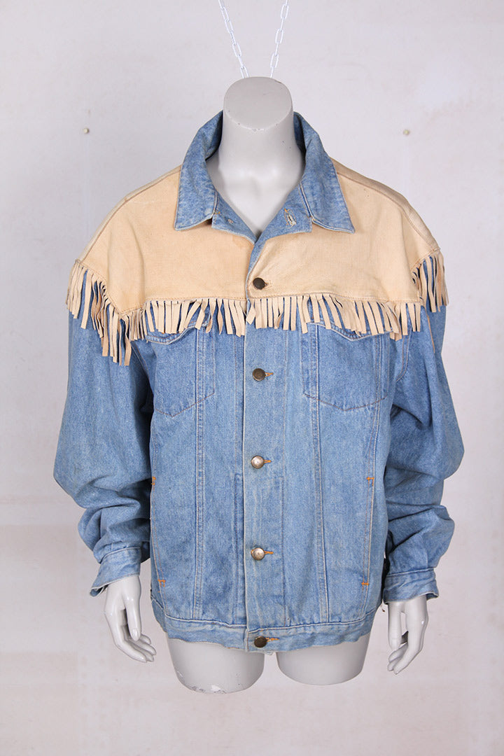 Vintage eighties cowboy spijkerjas XL met leren franjes