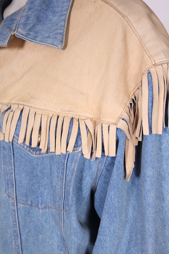 Vintage eighties cowboy spijkerjas XL met leren franjes