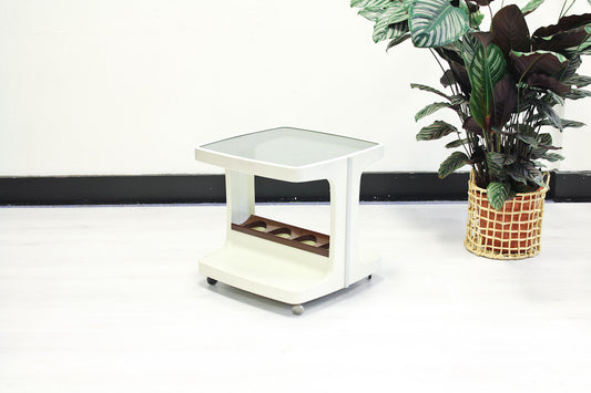 Vintage witte kunststoffen verrijdbare minibar / bar cart jaren 70