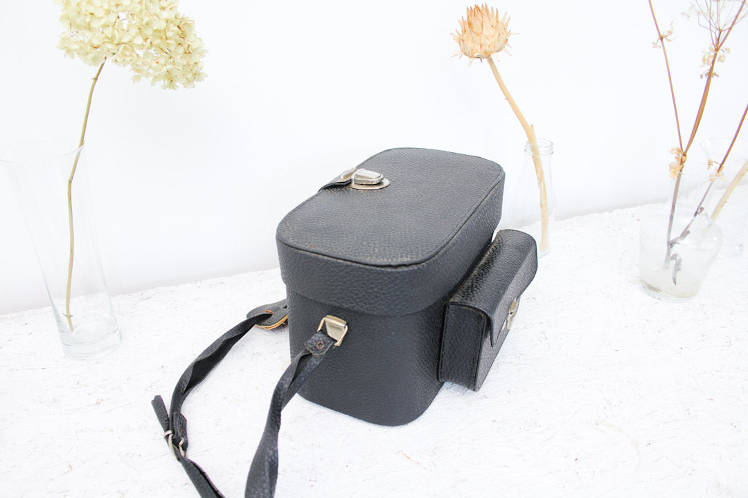 Vintage zwarte camera tas met voorvak