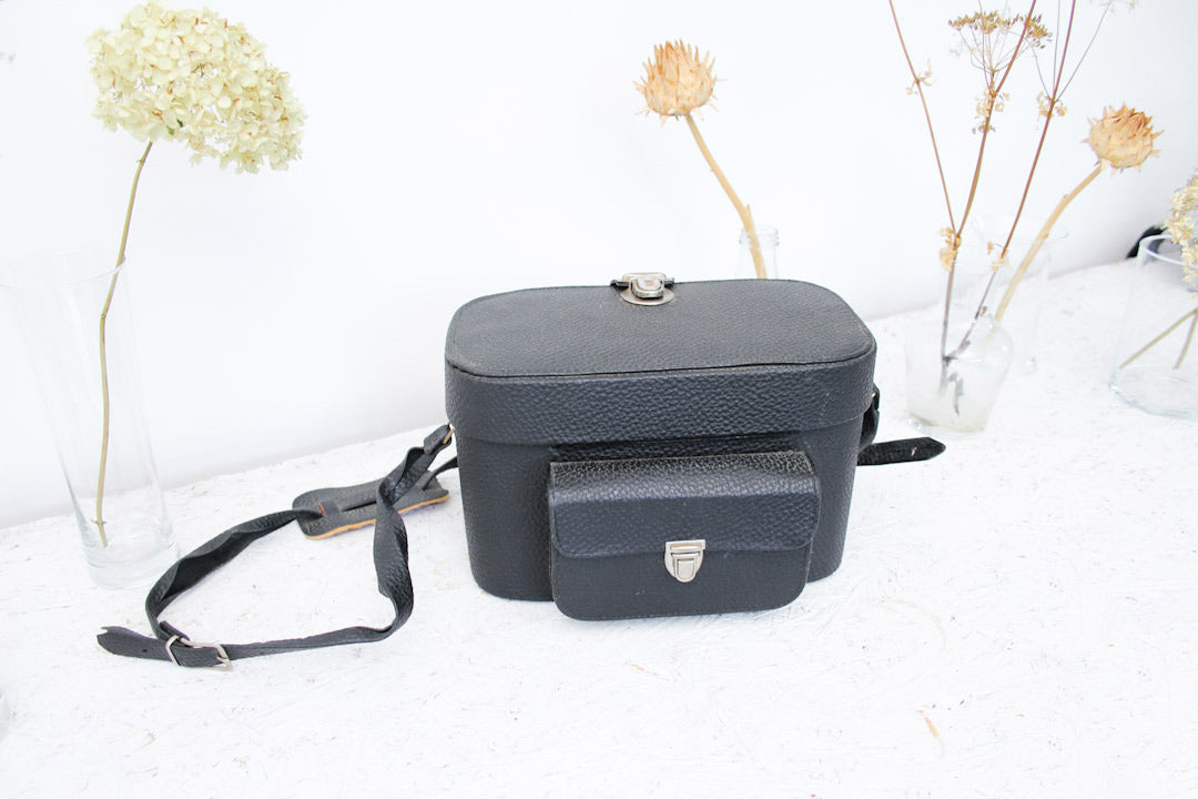 Vintage zwarte camera tas met voorvak