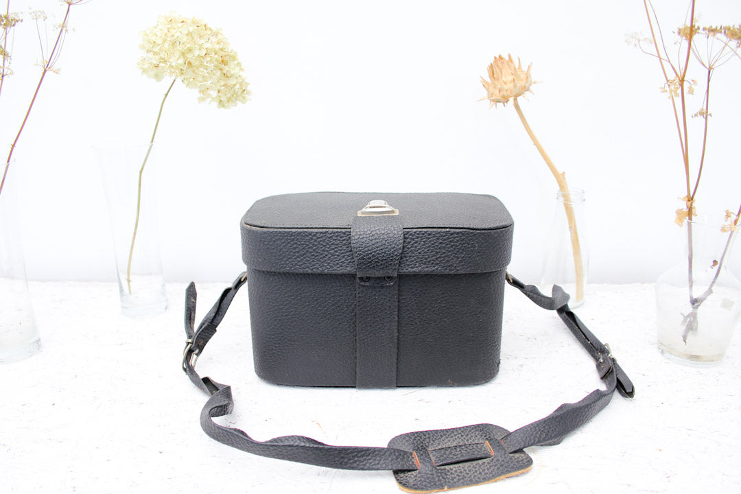 Vintage zwarte camera tas met voorvak