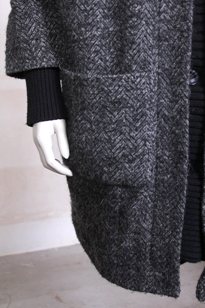 Grijze vissengraad oversized jas met gebreide manchetten