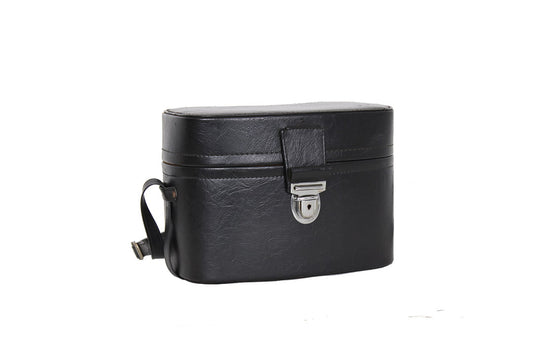 Zwarte vintage camerakoffer met gele voering